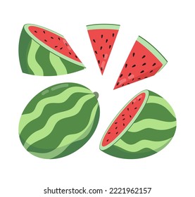 Ganze und geschnittene Vektorgrafiken-Set für Wassermelonen. Cartoon Zeichnung von ganz und geschnittenen Wassermelonen, Hälfte und Scheiben von Wassermelonen einzeln auf weißem Hintergrund. Gesunde Lebensmittel, Früchte, Sommer, Naturkonzept