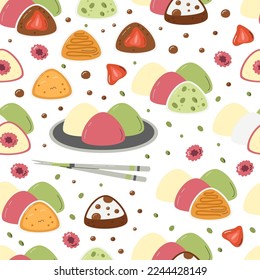Whole and cutted mochi with hashi chopsticks seamless pattern. Classic japanese sweet food surface design. Asian dessert rice cakes daifuku hand drawn flat vector illustration isolated on white