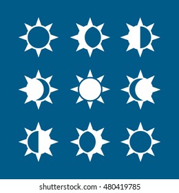 Whole Cycle Of Sun Phases Flat Icon On Blue Background
