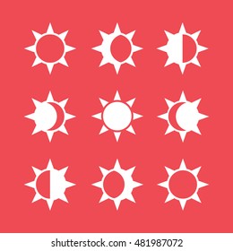 Whole Cycle Of Sun Phases Flat Icon On Red Background