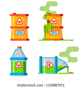 Whole and damaged containers with toxic waste in a flut style. Elements for ecology infographics