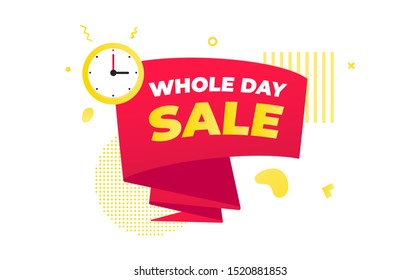 Whole day sale countdown ribbon badge icon sign with big red ribbon, clock, abstract elements behind isolated on white background.