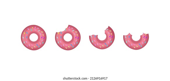 Whole donut and half-eaten donuts with pink icing. Cartoon illustration isolated on white background. Vector.