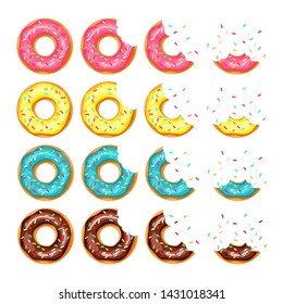 Whole Donut And Half-eaten Donut With Pink, Chocolate, Lemon, Blue Mint Glaze. Vector Illustration 