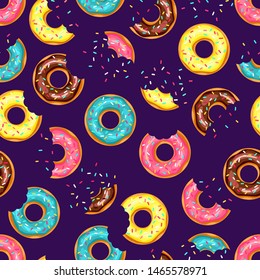 whole donut and half-eaten donut with pink, chocolate, lemon, blue mint glaze. Seamless pattern. Texture for fabric, wrapping, wallpaper. Decorative print. Vector illustration 