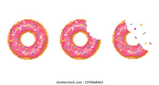 whole donut and half-eaten donut with pink glaze. vector mosaic, pixel art illustration 