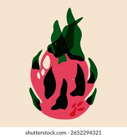 Fruta inteira de dragão. Fruta pitaya exótica, fruta pitahaya rosa tropical fresca com escamas verdes, comida orgânica para design de pacotes, tecido, têxtil, estampas de arte. Ilustração de risografia vetorial