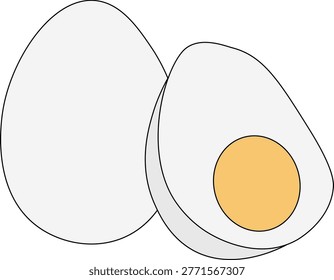 Whole egg and cut in half with yolk and albumen, Egg Colored composition hand drawn illustration. Vector graphic line art. side view of morning snack mascot, cartoon healthy nutrition

