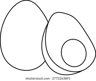 Whole egg and cut in half with yolk and albumen, Egg Black and white composition hand drawn illustration. Vector graphic line art. side view of morning snack mascot, cartoon healthy nutrition

