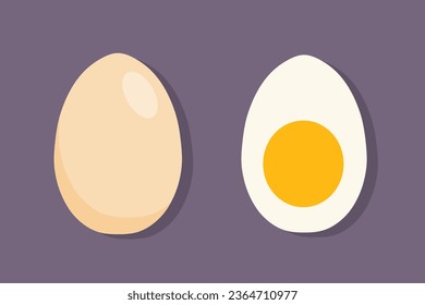 Whole egg and half of hard boiled egg. Vector illustration. Simple cartoon style egg.
