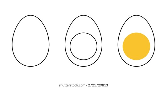 Ovo inteiro, metade, isolado em um fundo branco, ilustração de linha de vetor simples, desenho de contorno. Elemento gráfico de fundo de comida para celebração, decoração, design, branding