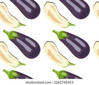Whole eggplant and cut in half on a white background. Seamless pattern in vector. Suitable for print and background.