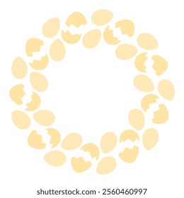 Whole Eggs and Cracked eggshell Circle Frame in trendy monochrome gold shade. Copy space Template