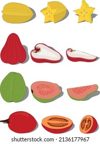 Whole exotic tropical fruits with pieces and slices vector illustration