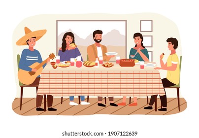 Whole Family Is Eating Mexican Food At Home Vector Illustration. Relaties In National Costumes Are Having Dinner Together. Dining Table With Tacos And Burritos. Man In A Sombrero Plays The Guitar