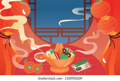 Whole family gather for the reunion dinner in Chinese New Year’s Eve, sitting by the table with plentiful dishes, designed in cute style with lantern background, Chinese translation: reunion dinner