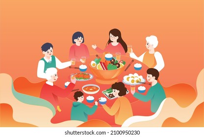 Whole Family Gather For The Reunion Dinner In Chinese New Year’s Eve, Sitting By The Table With Plentiful Dishes, Designed In Cute Style With Lantern Background, Chinese Translation: Reunion Dinner