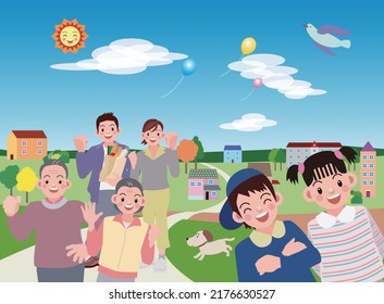 The whole family goes out on the town in high spirits.vector illustration