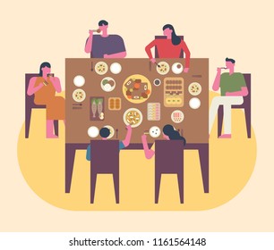 The whole family is having a meal on a special day. flat design style vector graphic illustration set