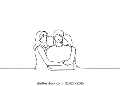 whole family hugging - one line drawing vector. concept of family ties, living grief with whole family, hugging father with whole family