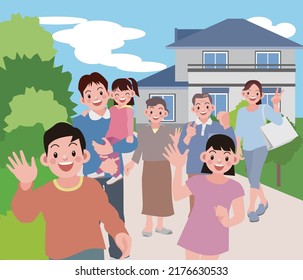 The whole family is out and about, full of cheerful smiles.vector illustration