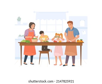Whole family prepares salad. Cooking together, cook food healthy at kitchen, eating dinner, home vegetable meal, eat at culinary table, vector illustration isolated on white background