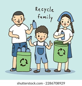 A whole family recycling, drawing style vector illustration