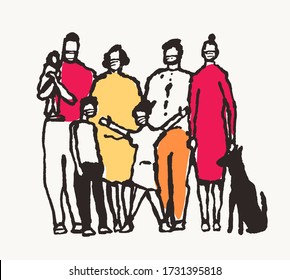 Whole family are standing in a medical mask. Conceptual illustration. COVID 19, coronavirus disease protection, air pollution. Hand drawn vector illustration