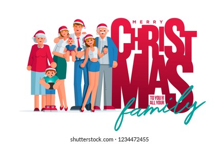 The whole family is together at Christmas. Grandmother, grandfather, mother, father son and daughter together. Poster  design. Elements are layered separately. Isolated on white background.