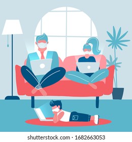 Whole family working on laptops sitting on a sofa. Husband and wife work remotely. Child lying on the floor studying remotely. Trendy home interior. Gadget addiction. Flat vector illustration.