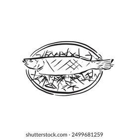 A whole fish dish on a bed of salad. Carp or trout or mullet. Black and white line drawn vector. Food, restaurant.