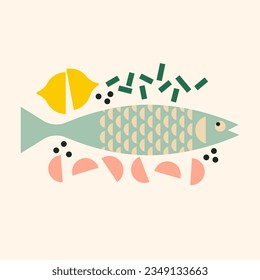 Pescado entero con limón y ajo para hornear. Ilustración de la receta de pescado. Resumen de marisco sano con hierbas para cocinar. Ilustraciones geométricas modernas con marisco.