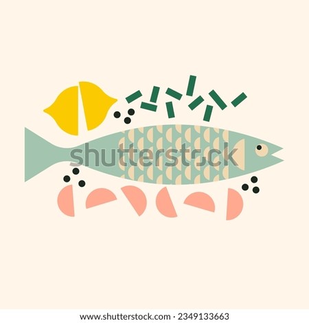 Whole fish with lemon and garlic for baking. Fish recipe illustration. Abstract healthy seafood with herbs for cooking. Geometric modern illustrations with seafood.