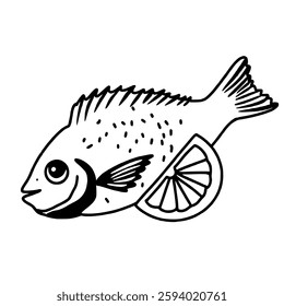 A whole fish with a lemon line art drawing of Traditional Thai Bangkok Thailand Illustration 