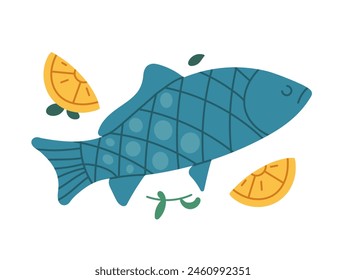 Whole fish with lemon slice parsley and arugula leaf for baking, healthy seafood with spicy herbs for cooking, flavored seafood isolated on white background flat vector illustration.
