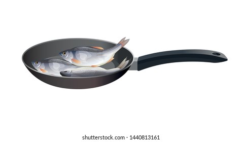Whole fishes on frying pan. Vector illustration isolated on white background