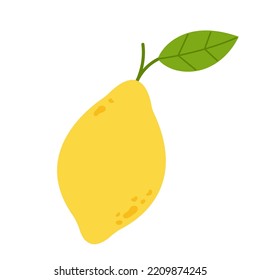 Limón entero fresco con ramita y hoja. Ilustración vectorial plana aislada en fondo blanco.