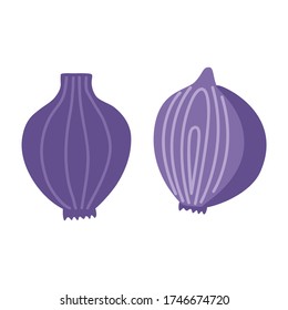 Cebolla entera y rodaja. Ilustración vectorial estilo de caricatura plana sobre fondo blanco aislado.
