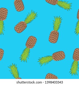 whole fresh ripe pineapples with green leaves on blue background. Cartoon vector illustration eps. 10. Seamless pattern