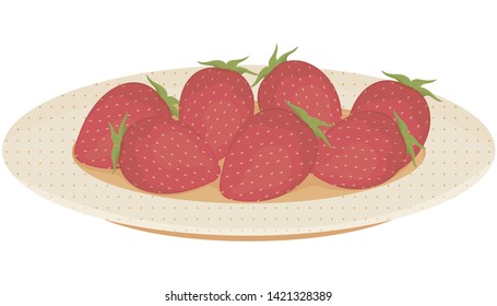 Whole fresh strawberries lie on a plate on a white background. Vector.