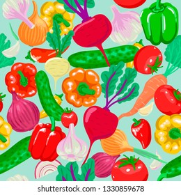 Whole fresh vegetables. Veggie pattern cooking products. Garlic, pepper, beets and more.