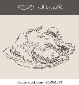 Whole fried chicken , in engraving etching sketch hand drawing style, for food and  restaurant design