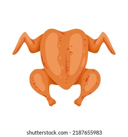 Whole fried chicken, top view vector illustration. Cartoon isolated whole roasted or baked chicken with delicious toasted crust, hot tasty food for lunch or dinner at home, cafe or restaurant