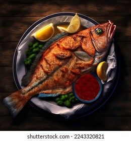 Whole fried fish with rosemary and lemon on a plate. Vector illustration