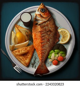 Whole fried fish with rosemary and lemon on a plate. Vector illustration