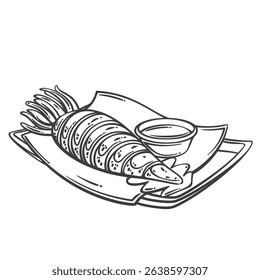 Whole fried squid served with dipping sauce on a plate, detailed in a bold outline engraving style. Popular Asian street food snack. Outline vector illustration for menu, packaging, or food branding.