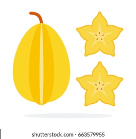 A whole fruit of carambola vertically and two pieces of carambola   vector flat material design isolated on white