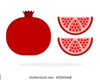 Whole fruit of pomegranate and two pomegranate wedges vector flat material design isolated on white