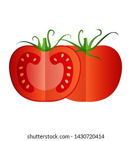 Whole Fruit of the Tomato and Two Wedges of Tomato Vector Flat Material Design Isolated on White