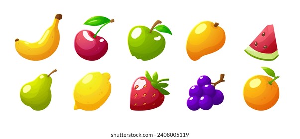 Whole fruits set vector illustration. Fresh banana, lemon, strawberry, cherry, mango. Apple, grapes, orange and pear isolated on white. Cartoon healthy natural vegan vitamin food, farm harvest